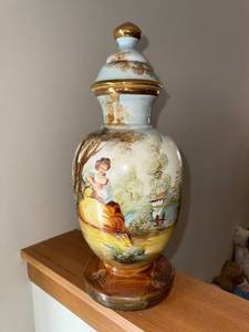 lot 117 image: Porcelain Lidded Vase - Hand-Painted Scenic River Scene with Gold Trim