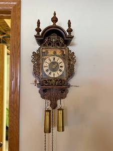 lot 6 image: Antique Carved-Wood Wall Clock with Brass Weights and Painted Landscape Dial