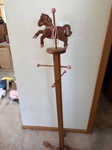 lot 104 image: Wooden Carousel Horse Coat Rack with Pink Accents - 60 in Tall