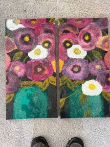 lot 113 image: Floral Diptych Painting - Two-Panel Bouquet in Teal Vases, Pink Purple White Flowers