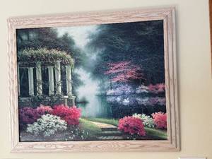 lot 144 image: Framed Garden Landscape Art - Gazebo by Lake with Blooming Flowers in Whitewashed Wood