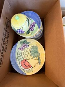 lot 149 image: Hand-Painted Fruit Dinnerware Mugs & Plates Set - Made in China