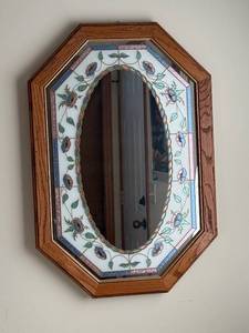 lot 187 image: Octagonal Wood Frame Mirror with Floral Stained-Glass Border