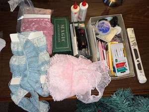 lot 217 image: Singer Sewing Kit Box with Blue & Pink Lace Fabric, Glue Bottles & Notions