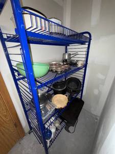 lot 241 image: Misc Kitchen Items - Shelf Not Included Assorted Pots, Pans, Dishes & Mugs