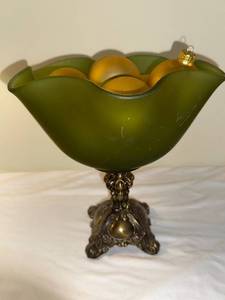 lot 375 image: Antique Green Glass Compote Bowl on Ornate Bronze Stand
