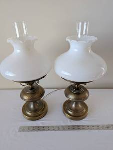 lot 19 image: Pair of Vintage Brass Table Lamps with White Glass Shades
