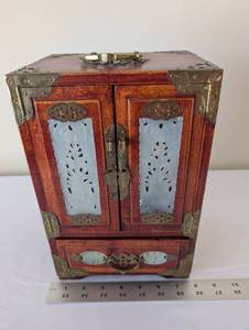lot 33 image: Chinese Jewelry Box with Jade Panels and Brass Accents