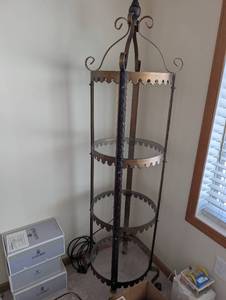 lot 38 image: Wrought Iron and Glass Three-Tier Display Shelf with Decorative Scrollwork