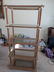 lot 61 image: 5-Tier Wood and Glass Display Shelf Unit