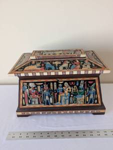 lot 70 image: Decorative Egyptian Sarcophagus Box with Hand-Painted Hieroglyphics and Stone Figure