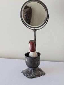 lot 73 image: Antique Shaving Stand with Beveled Mirror and Brush