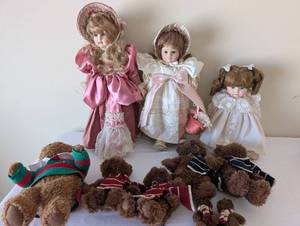 lot 86 image: Collection of 3 Vintage Porcelain Dolls and 6 Plush Teddy Bears