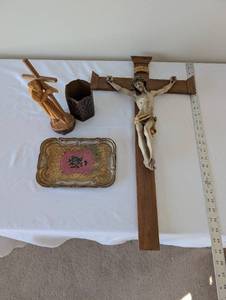 lot 92 image: Religious Decor Collection Wall Crucifix, Carved Christ Figure, Tray and Wooden Holder