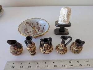 lot 93 image: Lot of Miniature Greek Vases, Floral Cloisonne Bowl, and Pharaoh Bust Decor