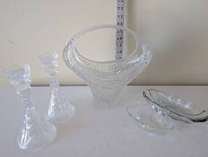 lot 94 image: Crystal Glassware Set with Candlestick Holders, Basket, and Dishes