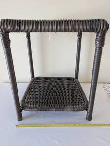 lot 123 image: Wicker Patio Side Table with Square Top and Open Shelf