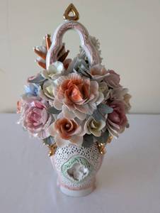 lot 126 image: Porcelain Floral Basket Vase with Pastel Flowers and Gold Accents