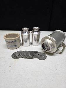 lot 1 image: Cookie press, tiny crock advertisement, S&P shakers