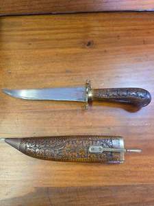 lot 21 image: Decorative Knife with wood sheath and brass accents, INDIA