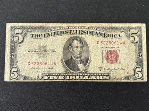 lot 11 image: 1953 B Red Seal $5 Dollar Note