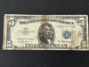 lot 12 image: 1953 A Blue Seal $5 Dollar Silver Certificate
