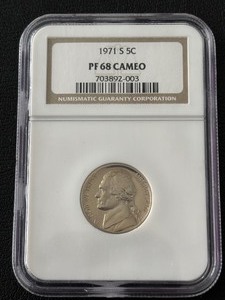 lot 20 image: 1971-S Jefferson Nickel Proof NGC PF68 Cameo