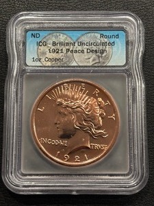 lot 26 image: 1 Ounce .999 Fine Copper 1921 Peace Design ICG