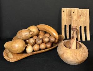 lot 165C image: FR - Collection of Wooden Kitchenware Including 12-Inch Fruit Bowl, Mortar and Pestle, and Island Bamboo Salad Hands