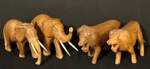 lot 169C image: FR - Set of 4 Hand-Carved Vintage Wooden African Animal Figures Elephants and Lions