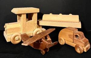 lot 172C image: FR - Set of 3 Handmade Wooden Toy Vehicles Plane, Tanker Truck and Delivery Van