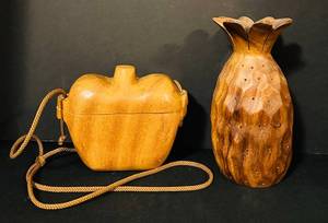 lot 176C image: FR - Set of 2 Vintage Acacia Wood Fruit Shaped Decor and Wooden Purse
