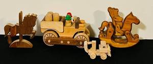lot 177C image: FR - Set of 4 Handcrafted Wooden Toys Including Trucks and Rocking Horses
