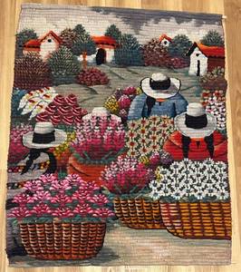 lot 178C image: FR - Peruvian Handwoven Wool and Cotton Wall Tapestry with Floral and Village Scene