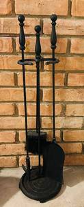 lot 180C image: FR - Three-Piece Fireplace Tool Set with Stand