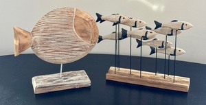 lot 62D image: LR - Cynthia Powley New York - Large Ribbed Fish on Base  School of Small Fish on Stands (Lot of 2)