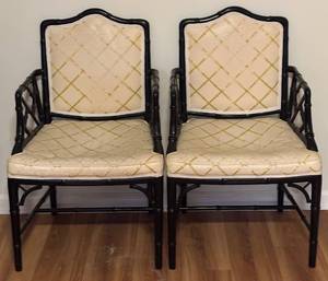 lot 120H image: LL - Pair of Black Lacquer Faux Bamboo Chippendale Armchairs with Upholstered Cushions