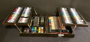 lot 183K image: LL-FR - Art101 Wooden Art Set in Case with Acrylic Paints, Pastels, Colored Pencils, and Accessories