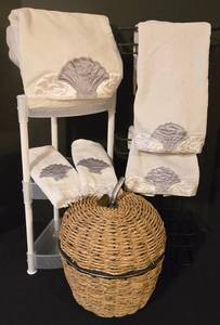 lot 324K image: LL-FR - Bathroom Towel Set with Shell Design, Wicker Storage Basket, and Shelving Racks