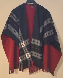lot 334K image: LL-FR - Estudio One Size Plaid Fringe Poncho Wrap, Black and Red