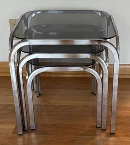 lot 17R image: LR - Set of 3 Vintage Mid Century Chrome Nesting Tables with Smoky Glass Tops