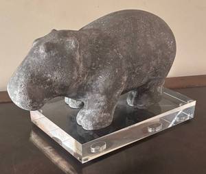 lot 113R image: MB - Williams Sonoma Decorative Stone Hippo on Lucite Base