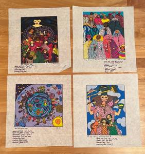 lot 137B image: LR - Set of 4 Colorful Unframed Fabric Art Prints by Kiki 1990s