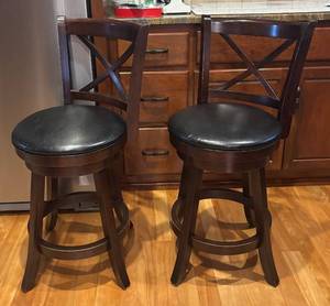 lot 152R image: K - Pair of Swivel Barstools with Wood Frame and Black Cushioned Seats