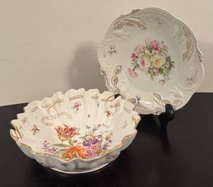 lot 241R image: LR - Set of 2 Vintage Dresden and Bavaria Porcelain Bowls with Floral Designs