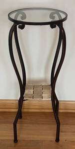 lot 244R image: LR - Glass Top Metal Accent Table with Curved Legs