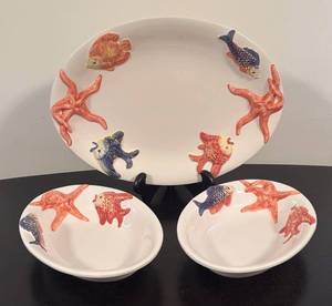 lot 248R image: LR - Bassano Italy Ceramic Platter and 2 Serving Bowls with Fish and Starfish Motif