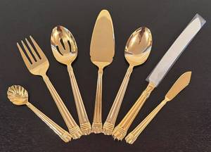 lot 254R image: K - Set of 7 Vintage Hampton Silversmiths Gold-Toned Serving Utensils