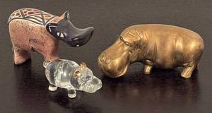 lot 260R image: LR - Set of 3 Hippo Figurines - Brass, Glass and Hand-Painted Stone