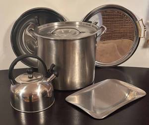 lot 270R image: LR - Stainless Steel Kitchenware Set with Stock Pot, Serving Trays and Kettle